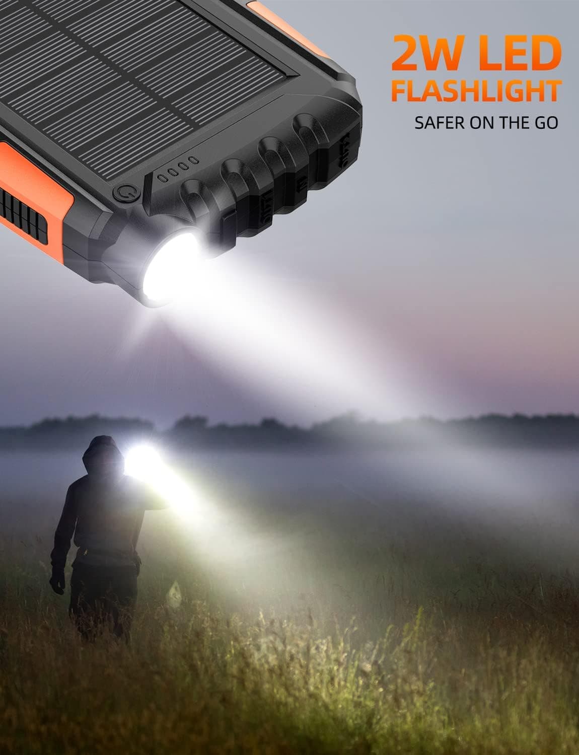 Power-Bank-Solar-Charger - 42800mAh Power Bank,Portable Charger,External Battery Pack 5V3.1A Qc 3.0 Fast Charging Built-in Super Bright Flashlight (Orange) — view 5