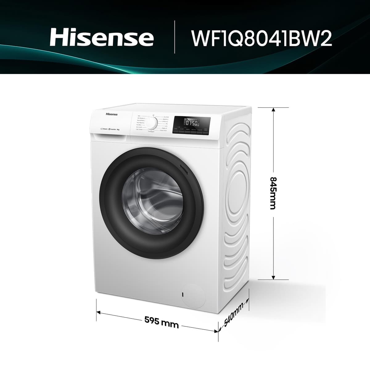 Hisense WF1Q8041BW2 - Lavadora, Clase A, 8 Kg, 1400 rpm, Alto 85 cm x Ancho 60 cm, Color Blanco, Función Vapor 99,9%, Lavado Rápido+, Lavado Automático, Finalización Diferida, Tecnología Inverter — view 2