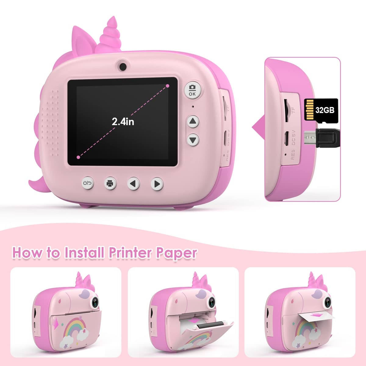 HiMont Kids Camera Instant Print, Digital Camera for Kids with No Ink Print Paper & 32G TF Card, Selfie Video Camera with Color Pens for DIY, Fun Gift for Girls Boys 3-14 Years Old (Pink) — view 7