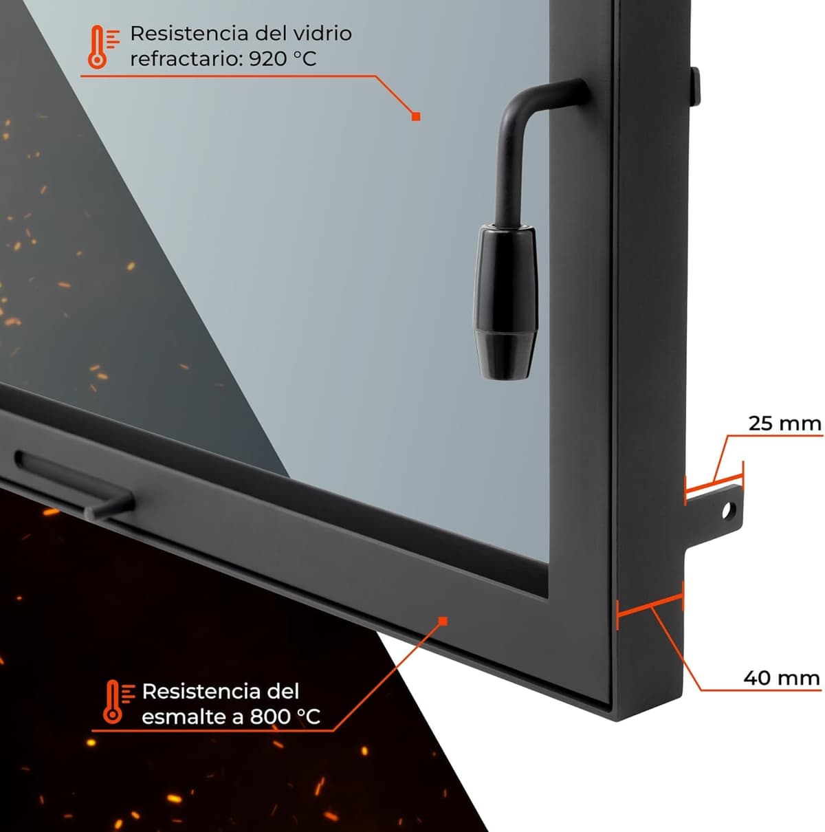 Puerta de horno de chimenea con cristal para hornos de pizza y acero para caldera. Apertura: derecha | Tirador a la izquierda. Ventana grande. (70x50cm) — view 3