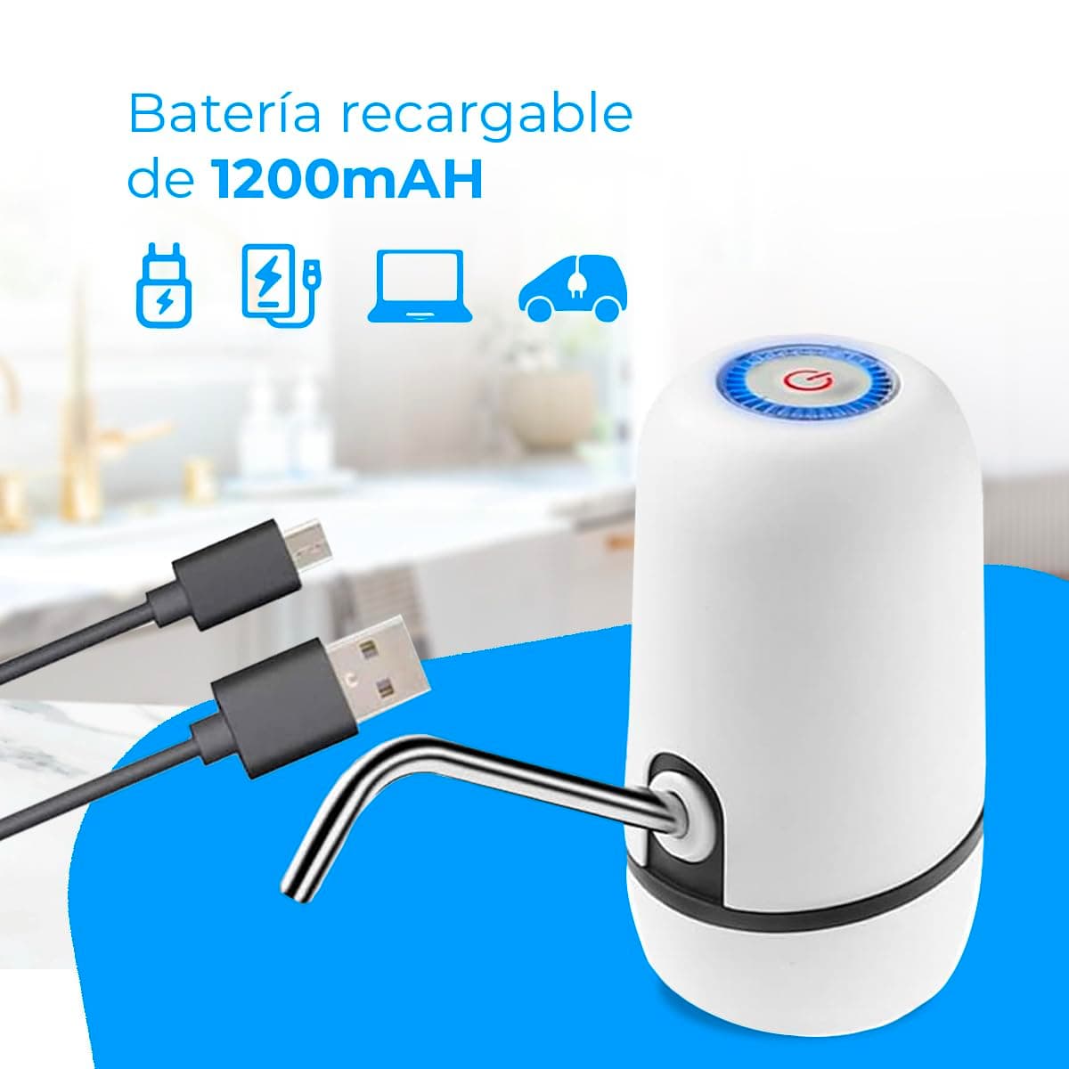 NK Dispensador de Agua Fría Automático, Carga USB, Dosificador de Acero, sin BPA, 1200mAh, Transportable, para Garrafas y Botellas 1.5L, 5.7L, 10L, 11.3L, 15L, 18.9L - Color Blanco — view 5