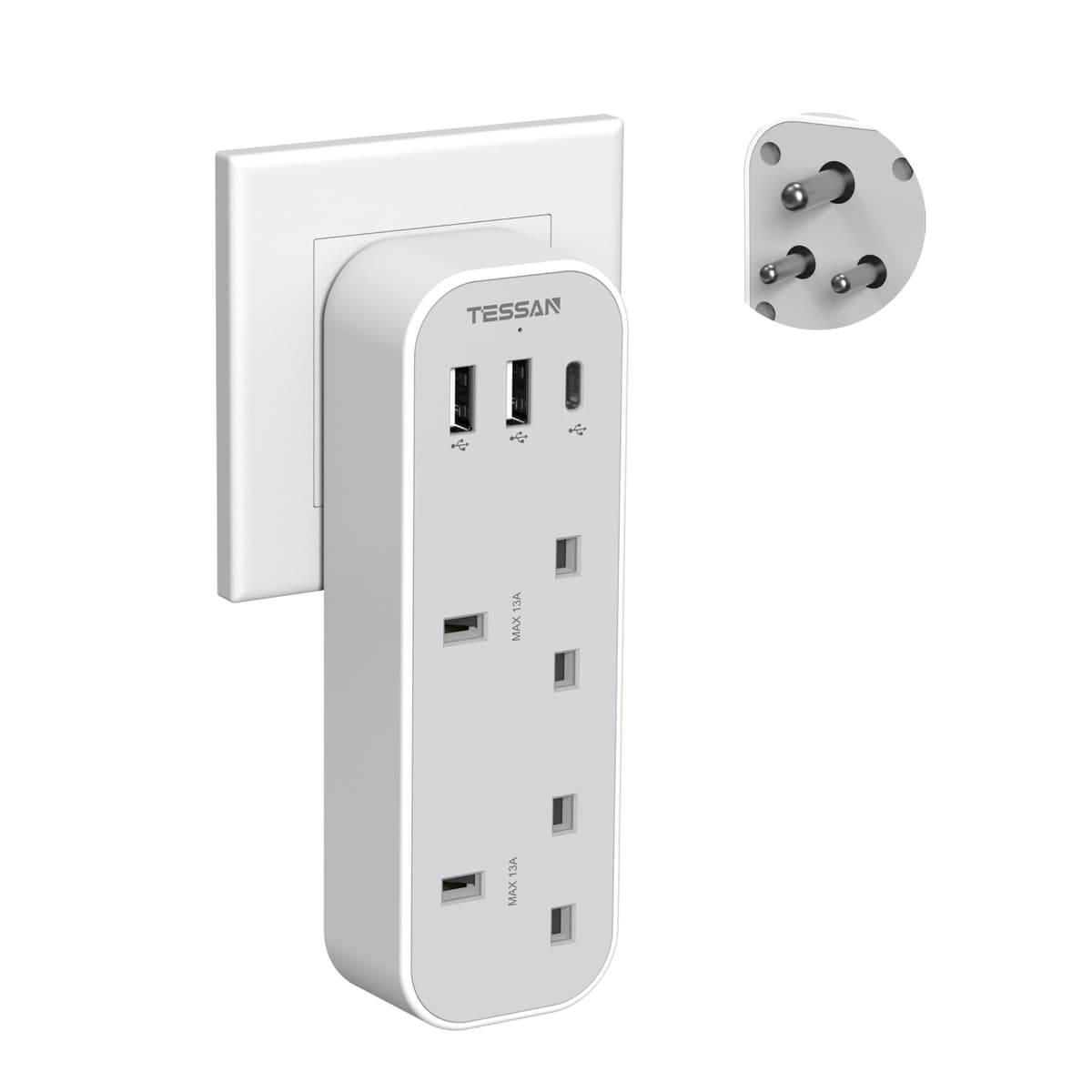 UK to Switzerland Plug Adapter, TESSAN Swiss Plug Adapter with 3 USB Ports (1 USB C), 2 Way Grounded Type J Travel Adaptor for Jordan, Liechtenstein, Madagascar, Rwanda — view 10