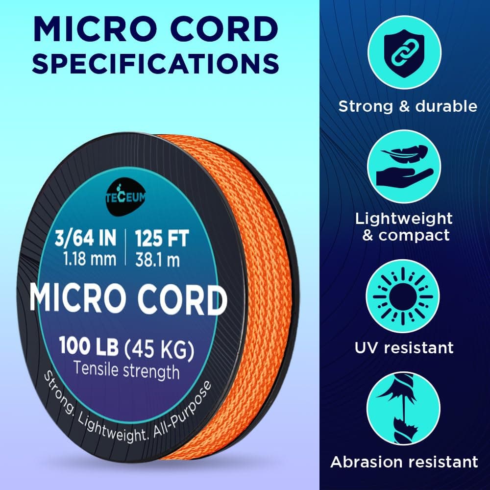 Micro Paracord: 1.18 mm de Grosor. Color: Naranja (Orange). Longitud - 38.1 m (125 ft). Resistencia a la tracción: 45.35 kg. Delgado, Ligero y Fuerte. Viene en una Bobina compacta y Conveniente — view 4