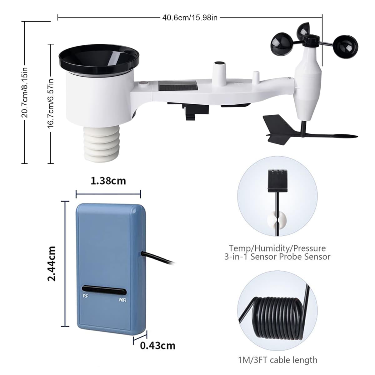 ECOWITT Estación meteorológica GW1101, 7 en 1 jardín sensor meteorológico inalámbrico al aire libre con energía solar + 3 en 1 wifi puerta de enlace de interior, la casa de previsión del tiempo 868 — view 3