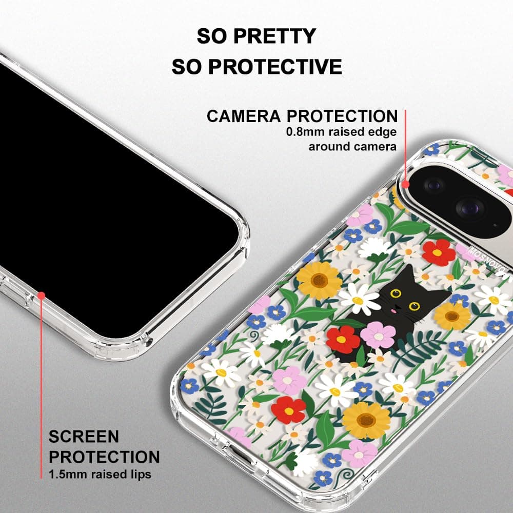 MOSNOVO Case for Google Pixel 9 & Pixel 9 Pro, [Buffertech 6.6ft Military-Grade Drop Protection] [Anti Peel Off Tech] Clear TPU Bumper Phone Case Cover Design - Black Cat in Garden — view 5
