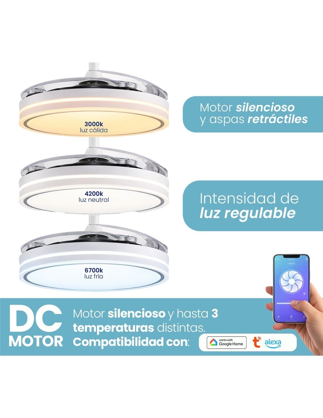 Jardin202 - Ventilador de Techo con Aspas Retráctiles, Motor DC, Temporizador, WiFi Alexa/Google Home y Luz LED Regulable, Mando a Distancia | 50 cm (Tarifa Wifi Blanco) — view 4