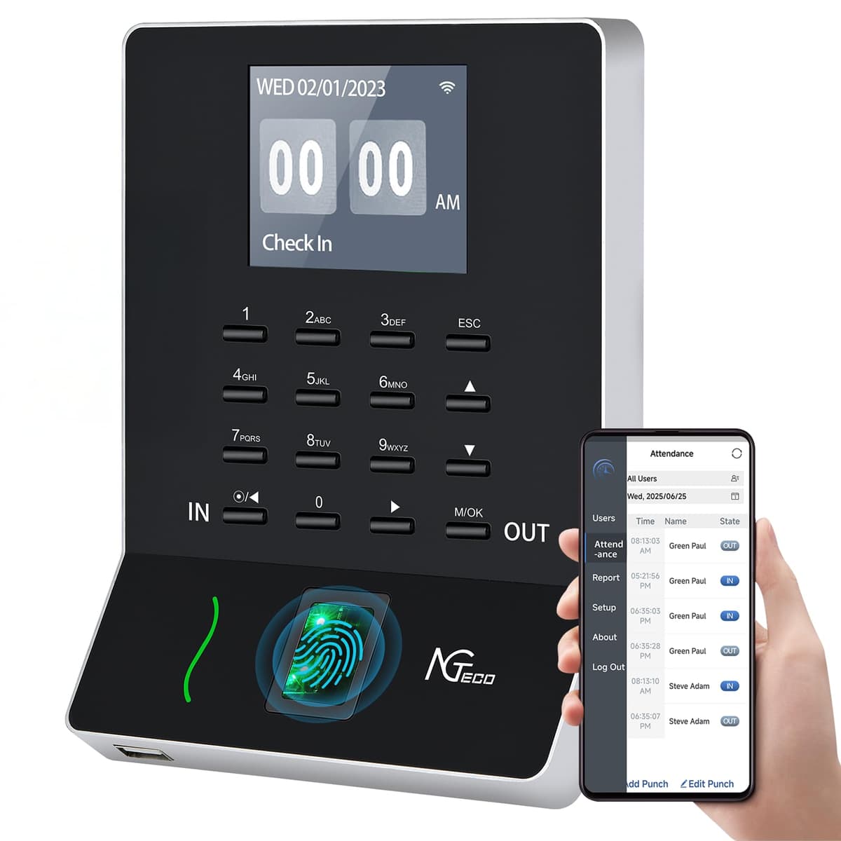 NGTeco Fingerprint clocking in machine for Small Business WiFi Time Card Machine, Office Punch Clock Automatic in and Out with APP for iOS Android (0 Monthly Fees)
