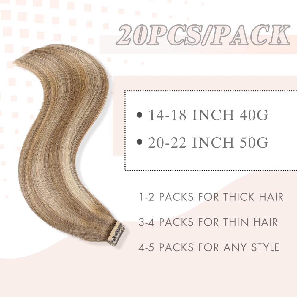 YDDM Extensiones de pelo humano con cinta adhesiva, 20 unidades, 60 cm, 50 g, color marrón claro con rubio dorado — view 2