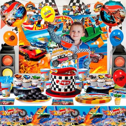 10 Guests Racing Birthday Party Tableware, Hot Car Party Plates Napkins Wheels Balloons Banner Backdrop Cake Toppers etc for Racing Hot Car Birthday Party Decorations Supplies — view 4