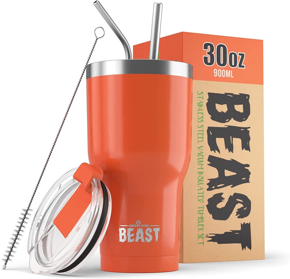 Greens Steel Beast Tumbler – 550 ml (20 oz), Coral | Vaso de acero inoxidable reutilizable con aislamiento al vacío | con 2 pajitas y cepillo de limpieza | Termo de viaje de doble pared — view 13