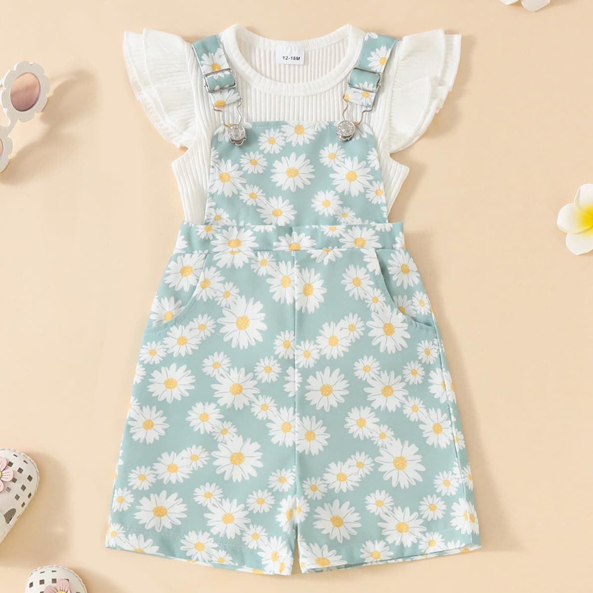 Conjunto Ropa de Verano para Bebé Niña Top de Canalé con Volantes+ Estampado de Margaritas Pantalones Cortos con Peto Bretelles Adorable Infantil Trajes — view 2