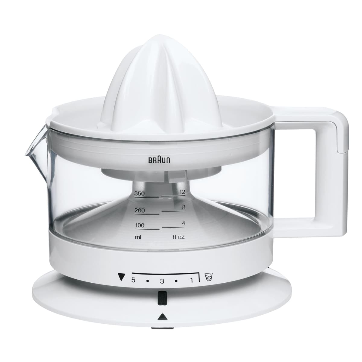 Braun CJ3000 WH - Exprimidor Eléctrico de Naranjas, 20 W, 350 ml, Cantidad de Pulpa Ajustable, Apto para Lavavajillas, Diseño Icónico, Blanco [Clase de eficiencia energética A]