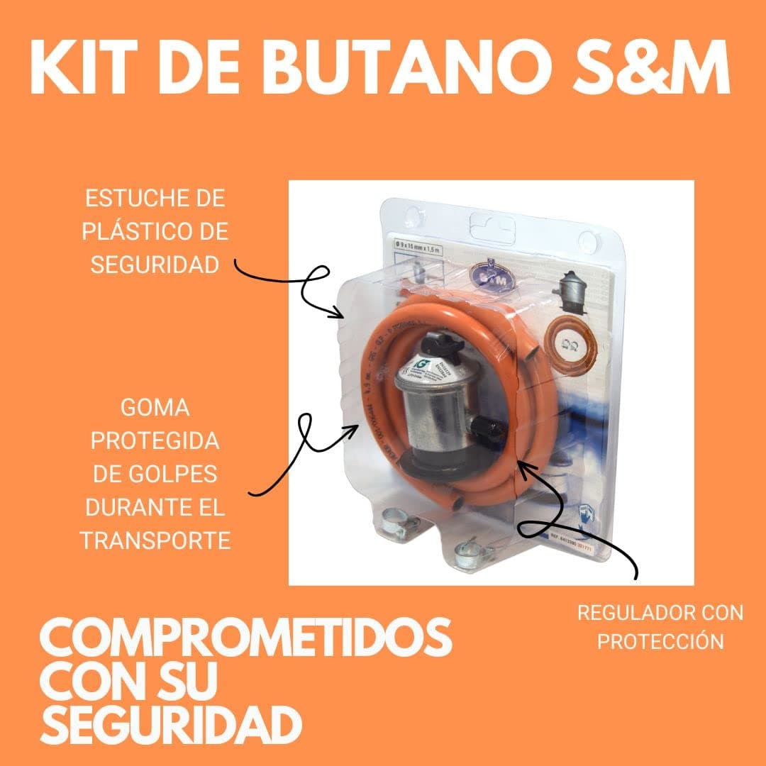 S&M 321771 - Kit completo butano: Regulador de gas butano + Tubo Goma 1,5 metros + 2 abrazaderas de seguridad | Homologado para España | Apto para cocinas, estufas, calderas y barbacoas — view 9