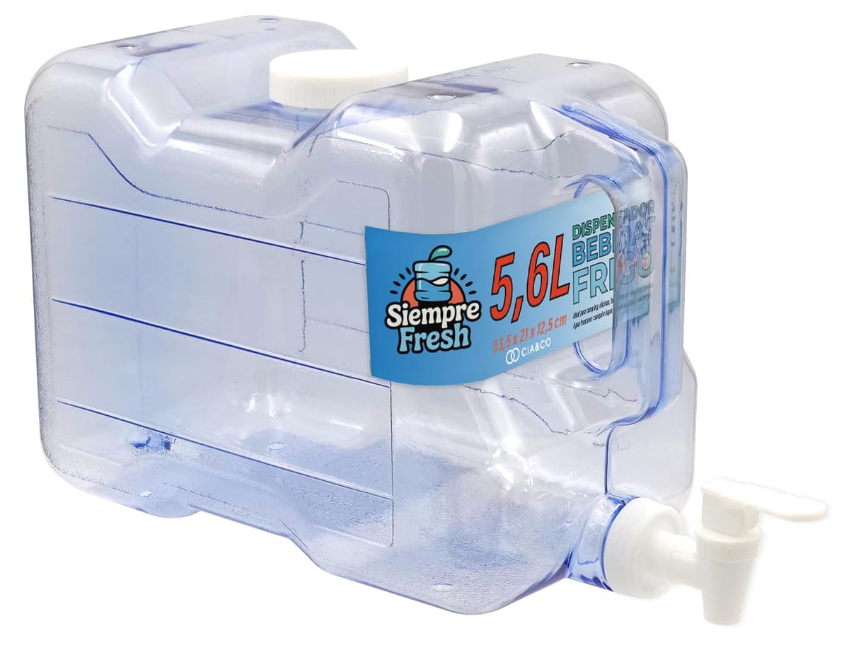 Dispensador de Agua Fría para Nevera 5,6 L by Cia&Co | Garrafa compacta 33,5x21x12,5 con Asa Ergonómica, Grifo de Doble Función y Tapón - Reutilizable y Duradera, Bebidas Frías en Casa, Playa, Camping