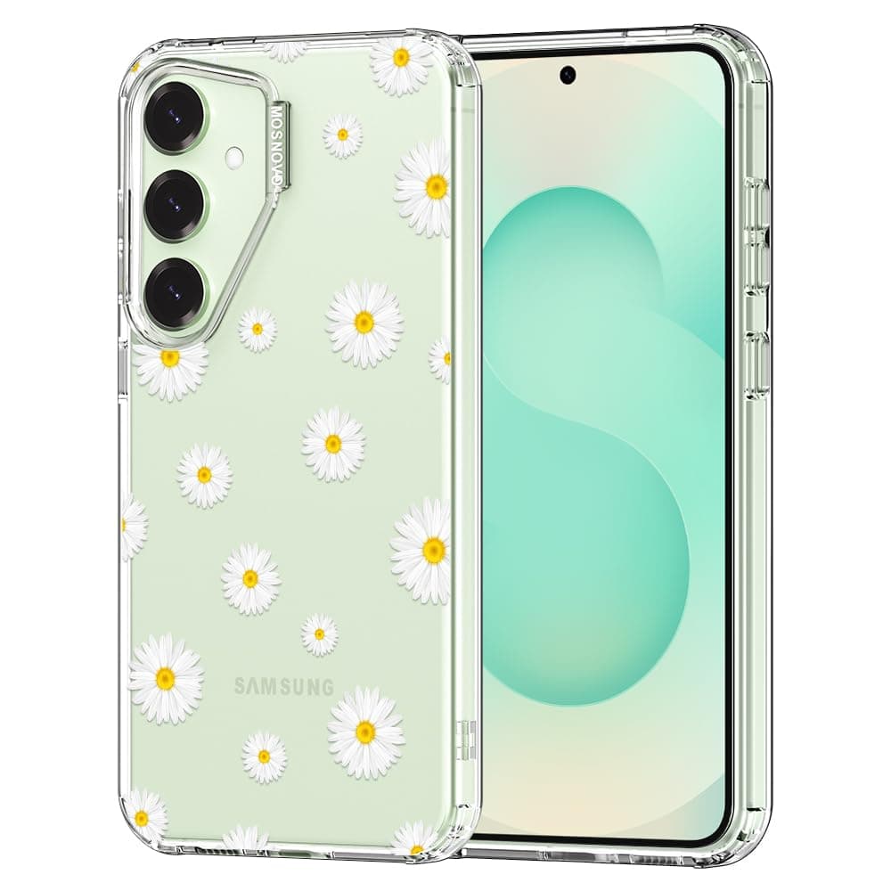 MOSNOVO Case for Samsung Galaxy S25 / Galaxy S24, [Buffertech 6.6ft Military-Grade Drop Protection] [Anti Peel Off Tech] Clear TPU Bumper Phone Case Cover Design - White Daisy