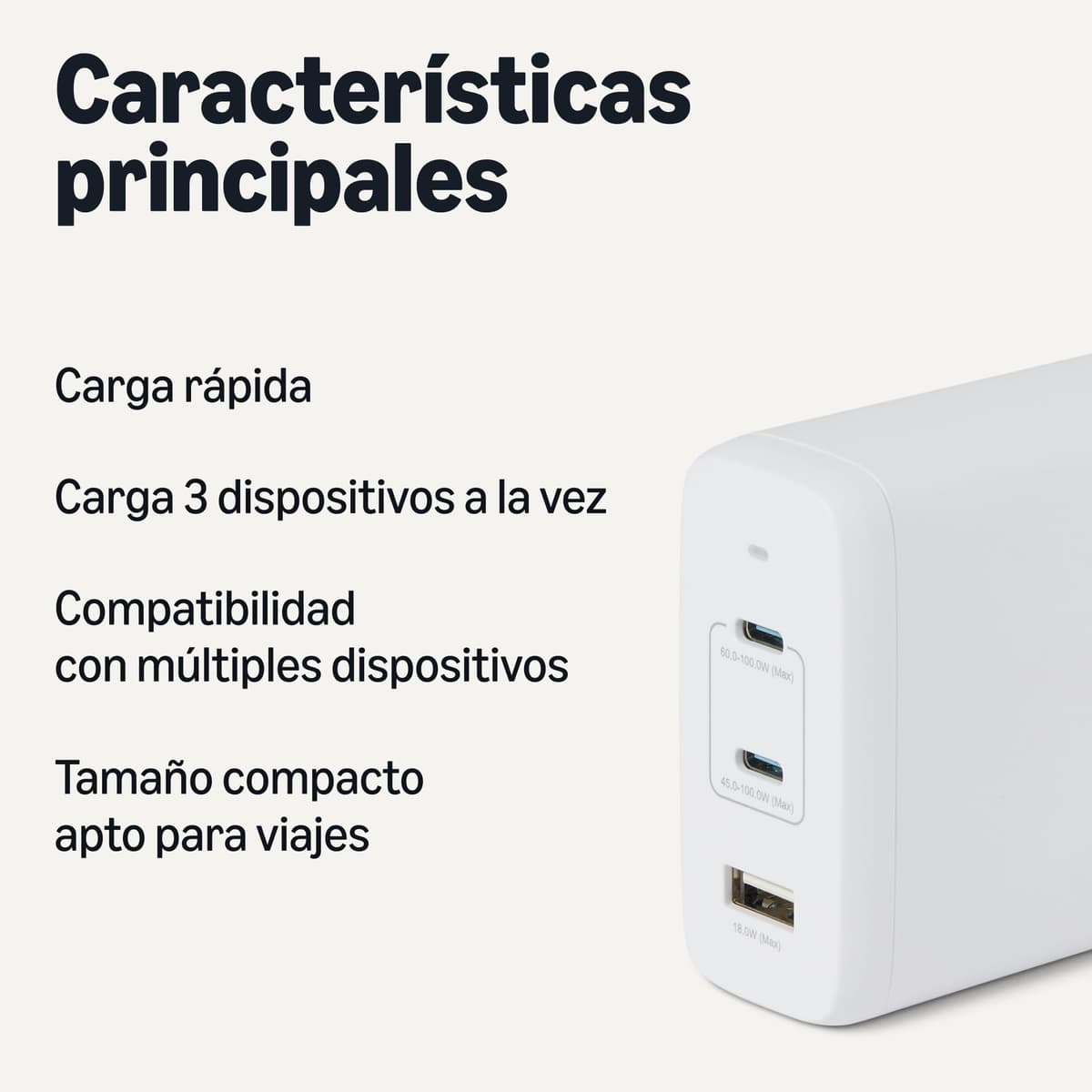 Amazon Basics Cargador de Pared USB-C Nano GaN de Carga Rápida, 120W y 3 Puertos para Ordenadores Portátiles, Tablets y Teléfonos, Blanco — view 2