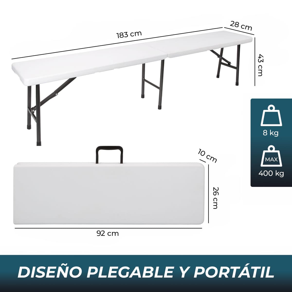YOEVU Banco Plegable Portátil Multifuncional, Plástico HDPE, 183x28x43cm, Capacidad 300kg, para Jardín Exterior Camping y Patio, Moderno, Blanco — view 3