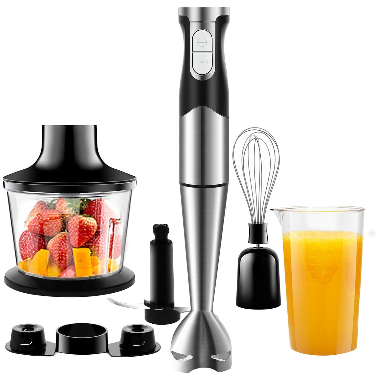 Batidora de Mano 1200W Eléctrica Multifuncionales 6-EN-1 con Picadora, Batidor de Huevos, Vaso Medidor, Pie Desmontable, Función Turbo Cuchilla de Acero Inoxidable