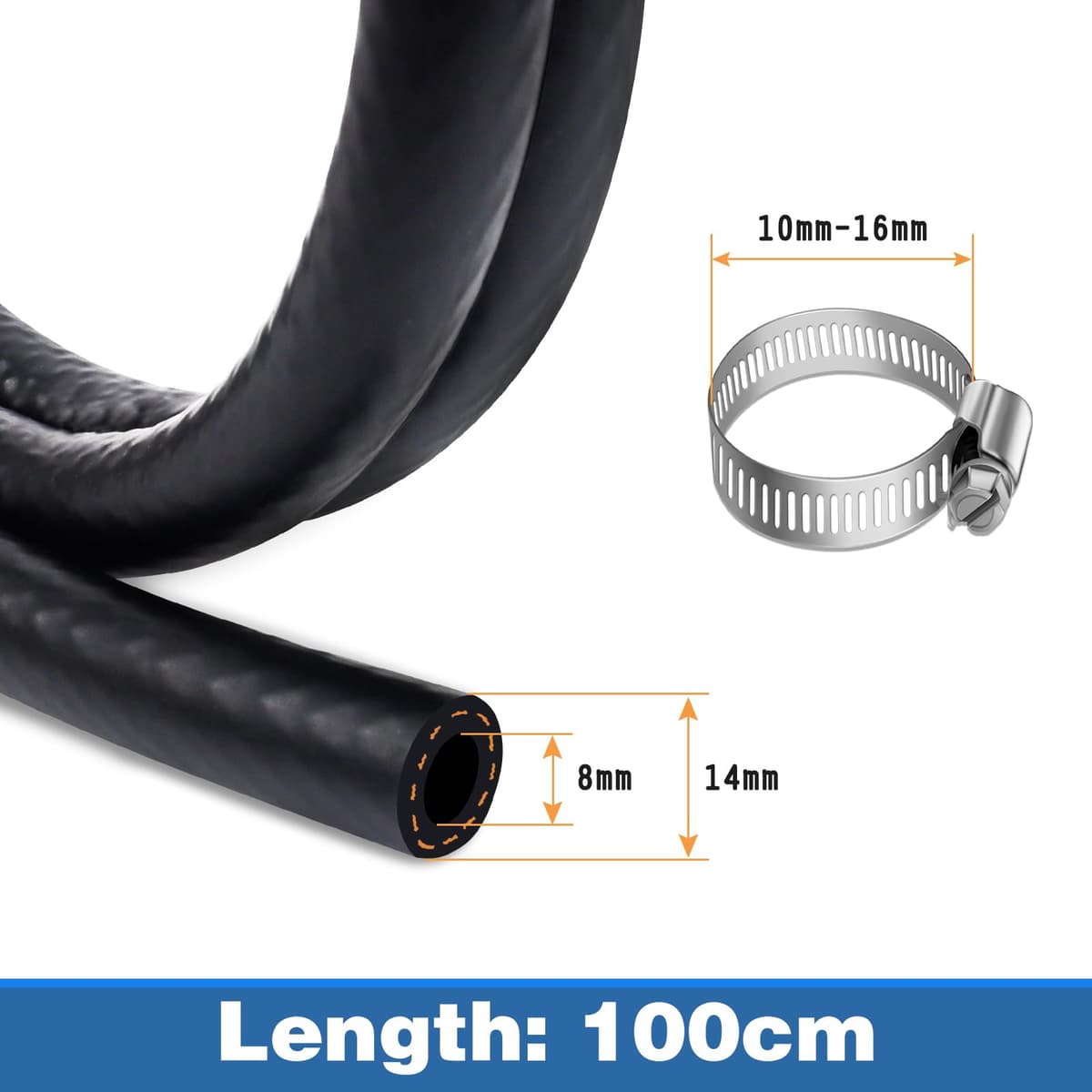 8mm Fuel Hose, 5/16 Inch ID Fuel Line Set 1 Meter Fuel Pipe with 6 Pcs Hose Clamps for Trucks, Cars, Tractors and Small Engines — view 2