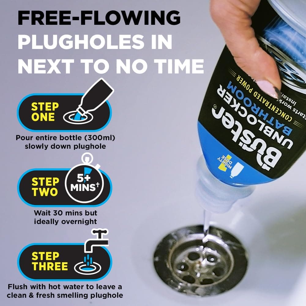 Buster Bathroom Drain Unblocker (Pack of 2 x 300ml) Fast-Acting Sink Unblocker Dissolves Hair, Sludge and Soap, Drain Cleaner Clears Blockages in Shower, Bath and Bathroom Sink Pipes - Made in UK — view 4