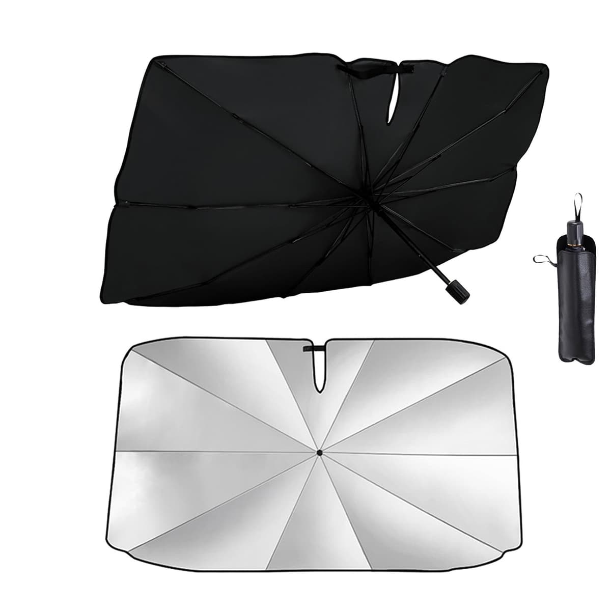 Car Windshield Sun Shade Umbrella, Front Windscreen Sunshade, 360° Rotation Foldable and Bendable Support Bar, Reflective UV Dust Protector, Keeps Vehicle Cooler, for Cars Trucks SUV