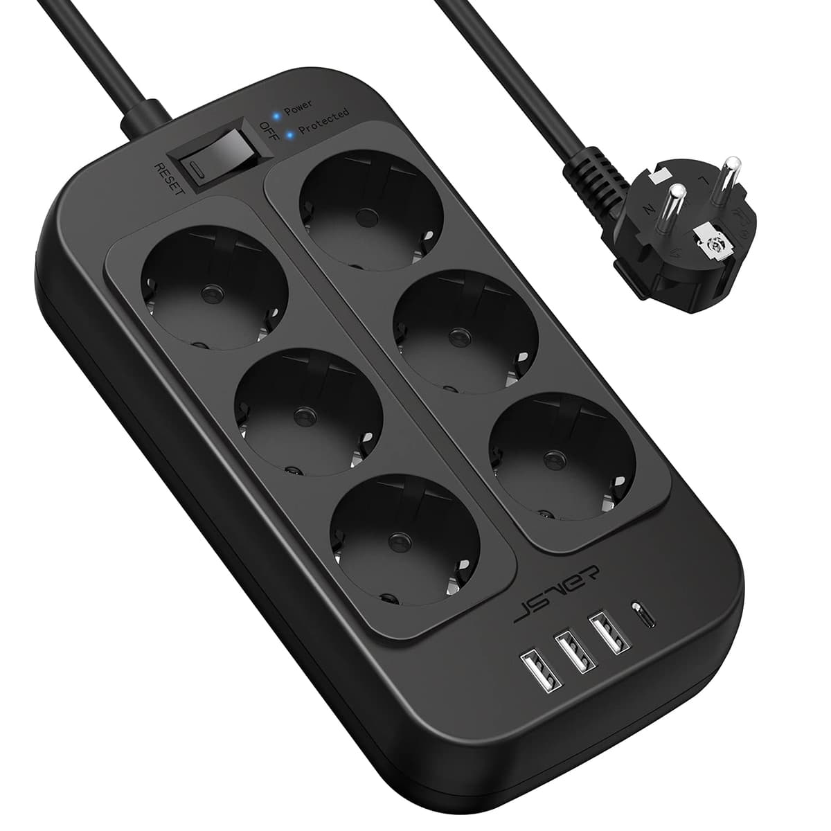 JSVER Regleta Enchufes USB, Proteccion Sobretension con 8 Toma de Corriente y 4 Puertos(5V3,4A) Estación de Carga Inteligente Tomas Alargadora con Cable 1.8m-Negro — view 23