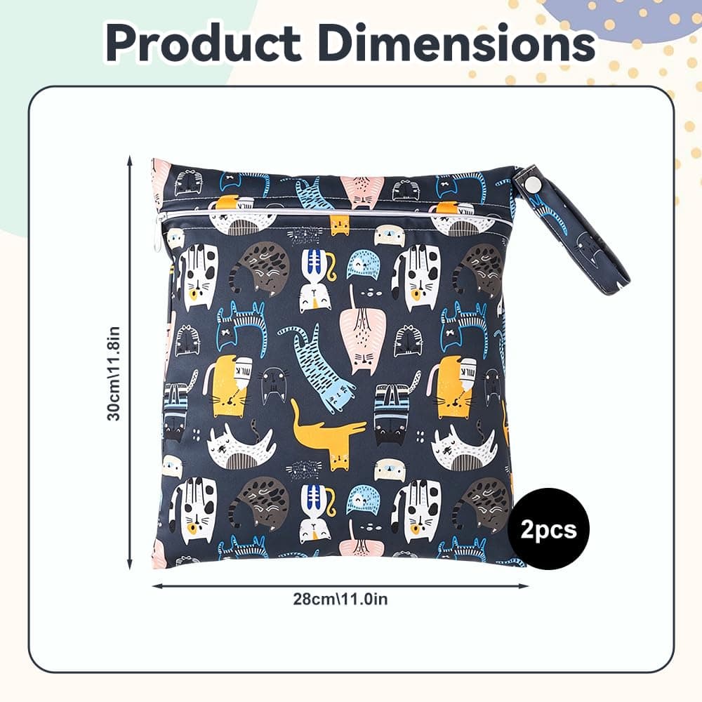 Cosiesnest 2 Packs Cartoon Print Wet Dry Bags | Waterproof Reusable Nappy & Swim Bag | Travel Laundry Bag,Single Zipper Pouch for Swimming, Beach, Nursery & Travel (12x11 inch) (A-cat) — view 3