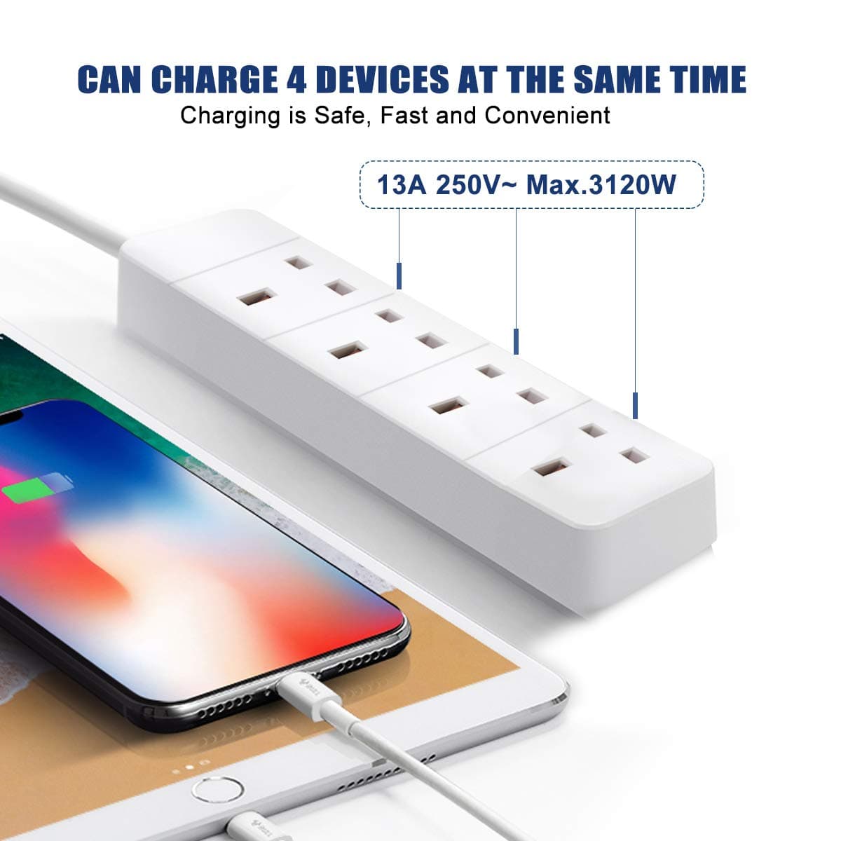ExtraStar 4 Way Extension Lead, 13A Fused UK Plug Extension Socket, 5M Extension Cable Power Strip - White — view 3