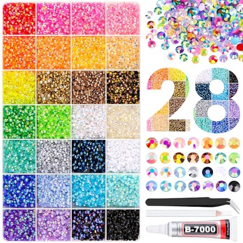 34000Pcs Resin Rhinestones with Tweezers for Crafting, Mixed-Color 3mm Bedazzling Crystal with 1Pcs 10ml B7000 Jewelry Glue for DIY Crafts Clothing Tumblers Shoes Fabric Nail Art