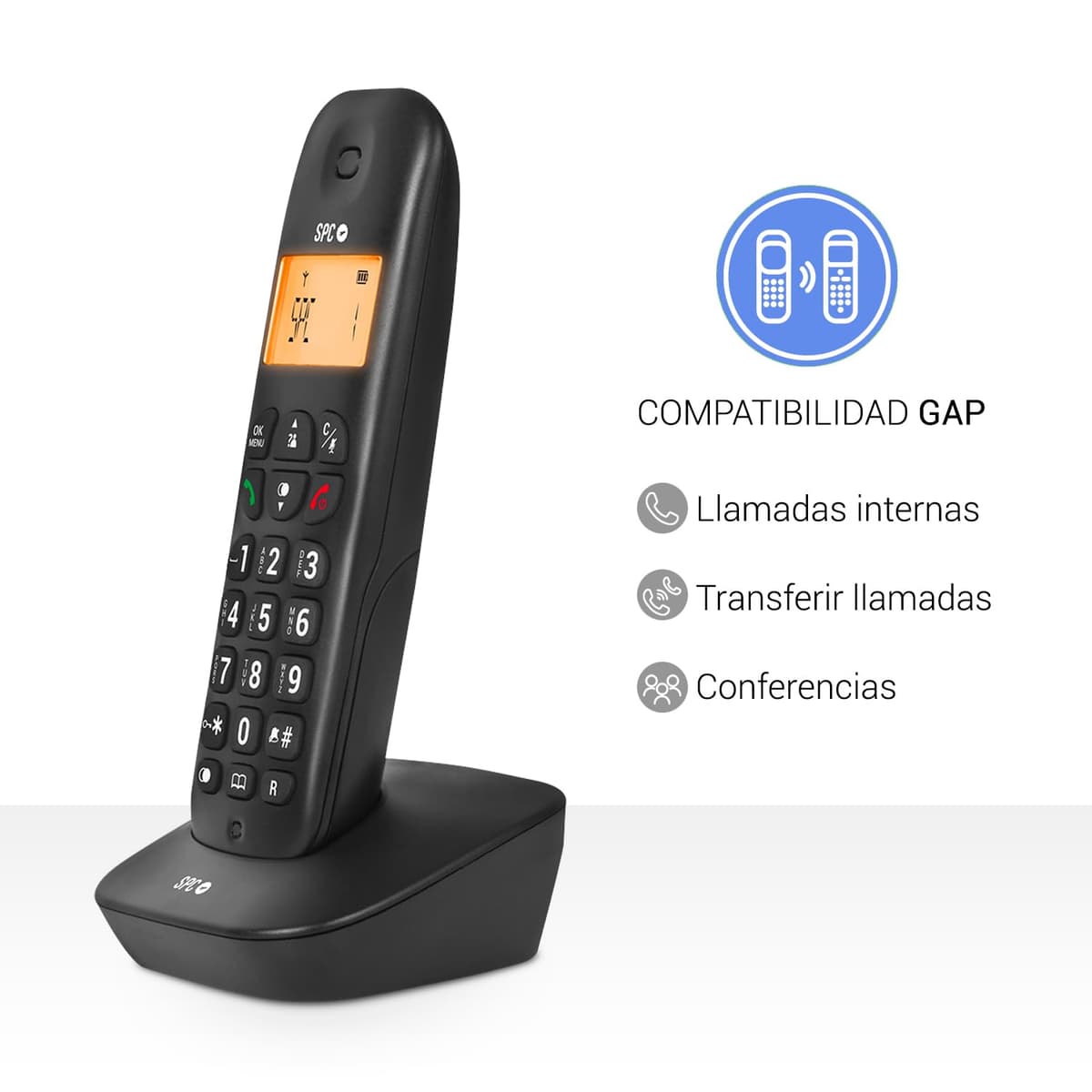 SPC Air – Teléfono Fijo inalámbrico con Pantalla iluminada, identificador de Llamadas, Agenda 20 contactos, Modo Mute, 5 melodías Disponibles, compatibilidad Gap y Modo Eco - Negro — view 5