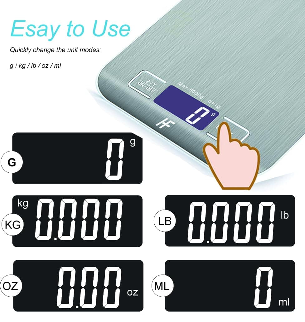 HomeFashion 5kg 1g 11lb Digital Kitchen Scales Food Scale with stainless steel Platform Electronic Cooking Backlit LCD Display Multifunction for Home and Office Use — view 6