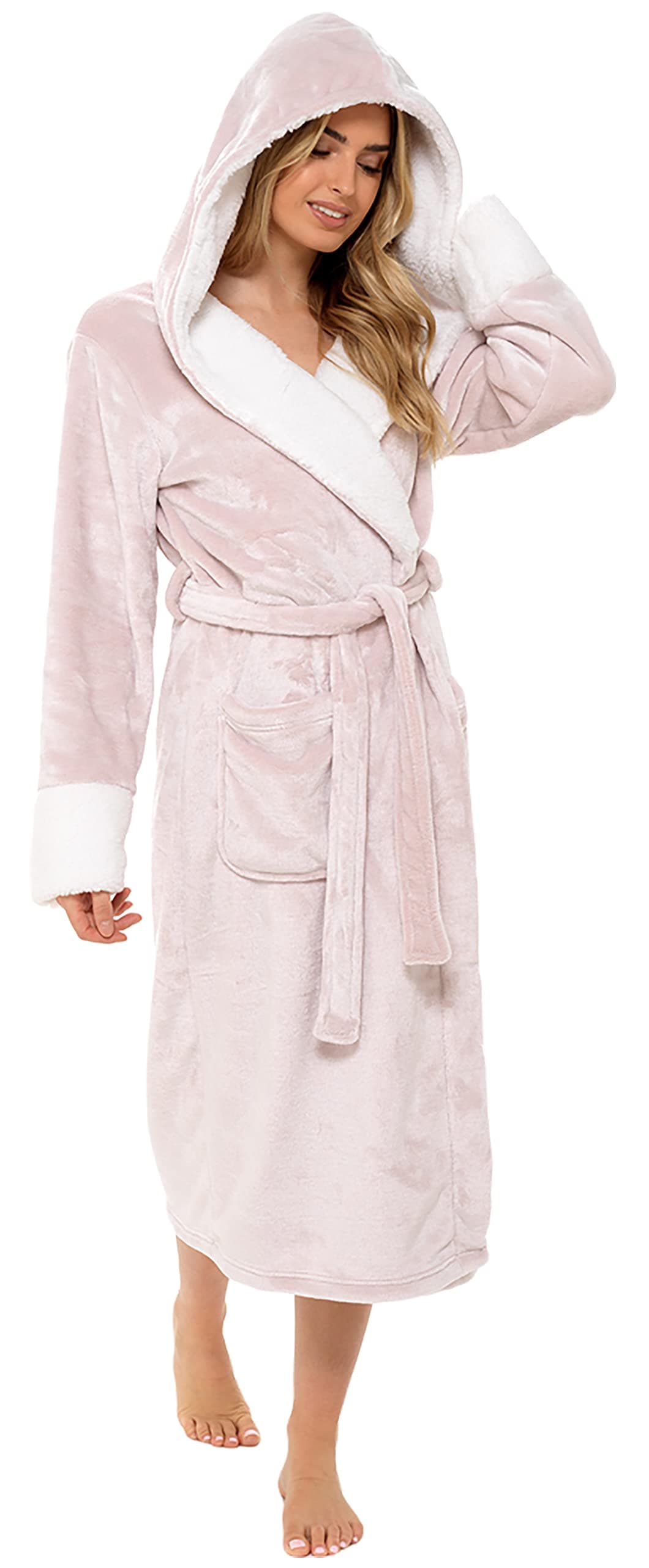 KATE MORGAN Ladies Dressing Gown Fluffy Super Soft Hooded Bathrobe for Women Plush Fleece Perfect Loungewear Long Robe | Gifts for Women — view 21