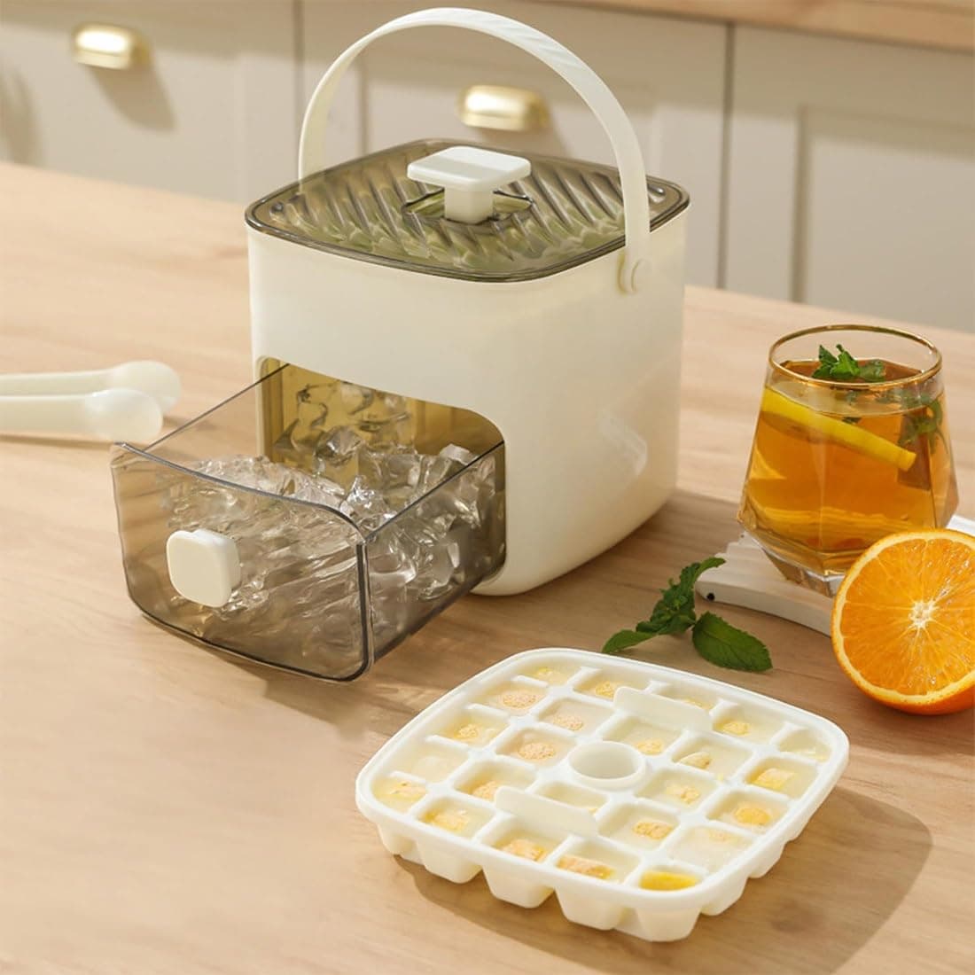 Máquina de hielo portátil de dos pisos de 48 cubos, máquina de hielo portátil con tapa y caja de almacenamiento, diseño inteligente 2 en 1, hielo rápido con solo un toque for la cocina del hogar(B) — view 4