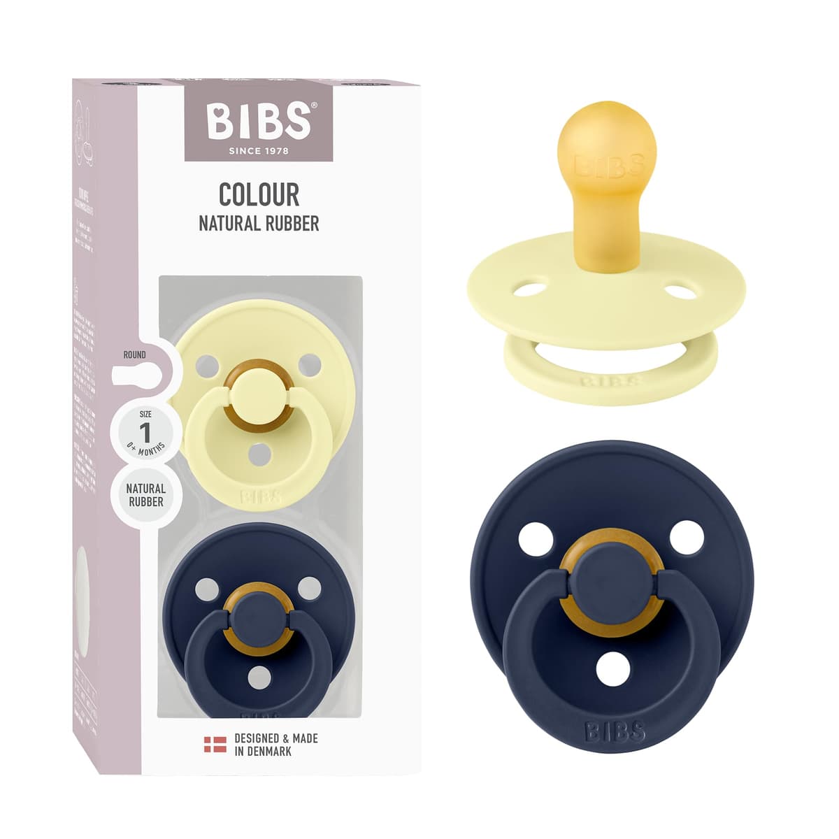 BIBS Colour Soother 2-Pack, BPA Free Dummy Pacifier, Round Nipple. Natural Rubber Latex, Size 2 (6-18 Months), Sky Blue/Steel Blue — view 155