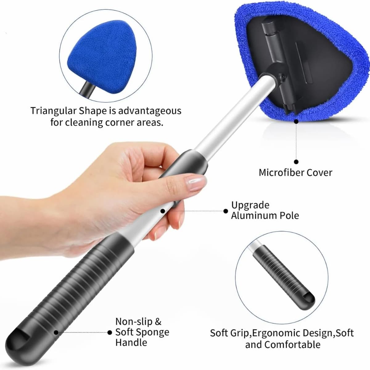 Car Windscreen Cleaner Tool, Telescopic Handle Car Cleaning Kit with 4 Reusable Microfiber Pads, Auto Windshield Cleaner for Interior Exterior Glass — view 3