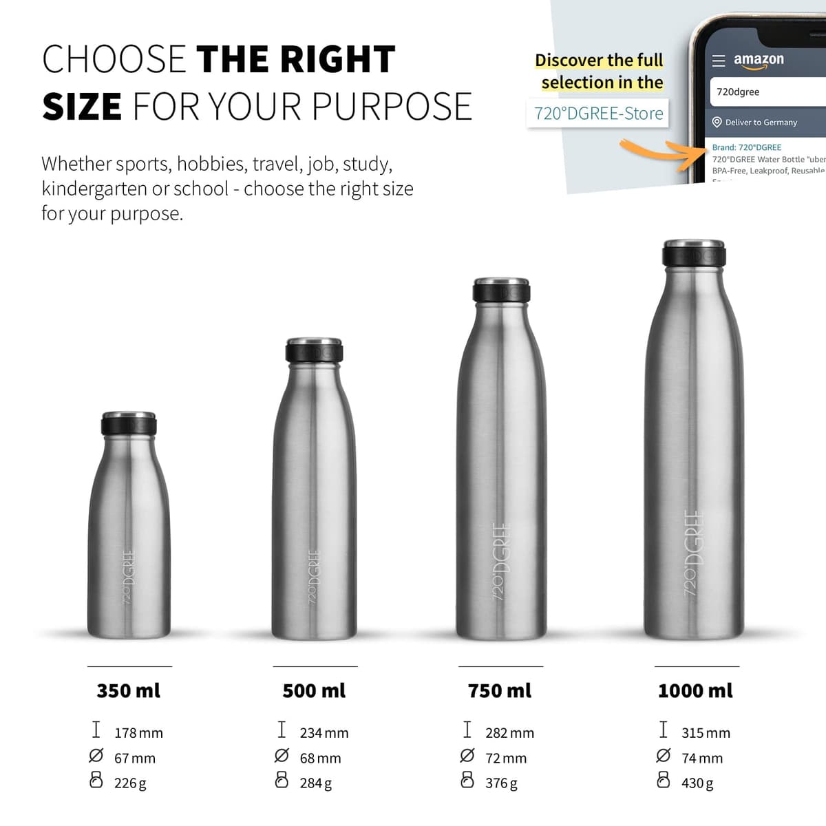 720°DGREE Botella Agua Acero Inoxidable “milkyBottle“ – 1litro - Sin BPA Free, Antigoteo y Prueba de Fugas - Frasco térmico, Cantimplora Aislada - Bebida con Gas, Deporte, Escuela, Gimnasio Exteriore — view 3