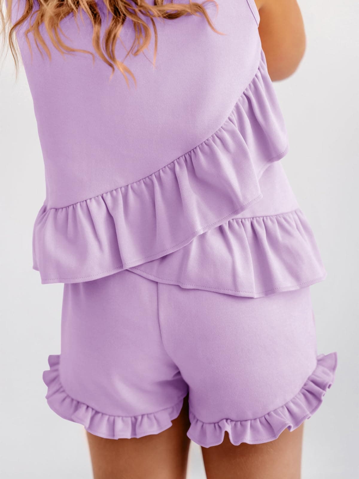 Haloumoning Niñas Conjuntos de ropa de verano con volantes, camisetas sin mangas con pantalones cortos, monocolor, ropa linda, conjuntos de ropa informal, de dos piezas — view 3