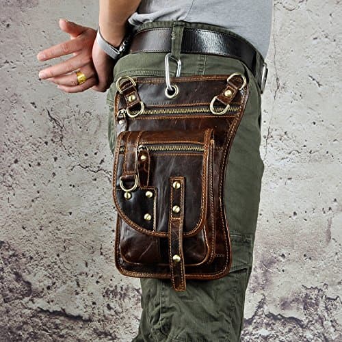 Le'aokuu Mens Genuine Leather Messenger Hiking Waist Hip Bum Pack Drop Thigh Leg Bag 2141 (2141-Coffee) — view 4