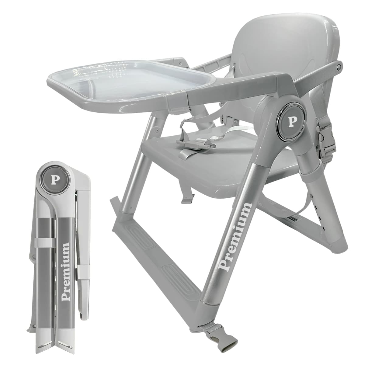 Trona Portátil Plegable Premium para Bebé 2 en 1, Elevador de Silla con Correas de Fijación, 4 Alturas, Bandeja Extraíble, Bolsa de Transporte, 6-36 Meses, hasta 15 kg (GRIS + PLATA)