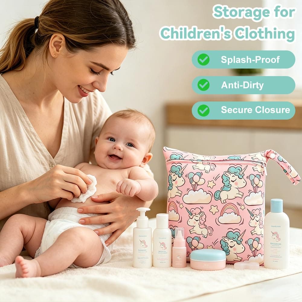 Cosiesnest 2 Packs Cartoon Print Wet Dry Bags | Waterproof Reusable Nappy & Swim Bag | Travel Laundry Bag,Single Zipper Pouch for Swimming, Beach, Nursery & Travel (12x11 inch) (B-Rainbow Horse) — view 4