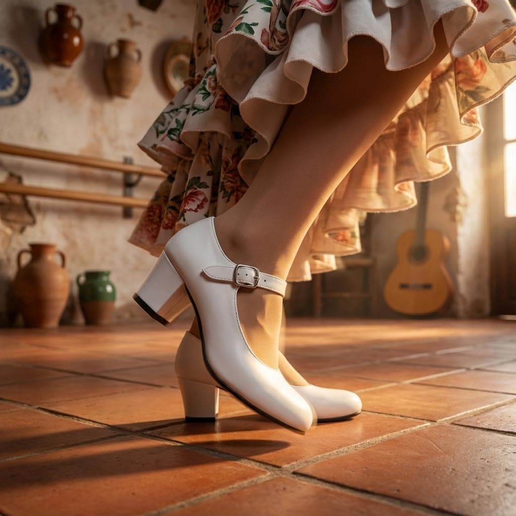 Tacones Flamenca niña Zapatos de Baile Profesional Hechos a Mano en España Calzado Tradicional Blanco y Negro con Sonido auténtico y Gran Comodidad — view 2