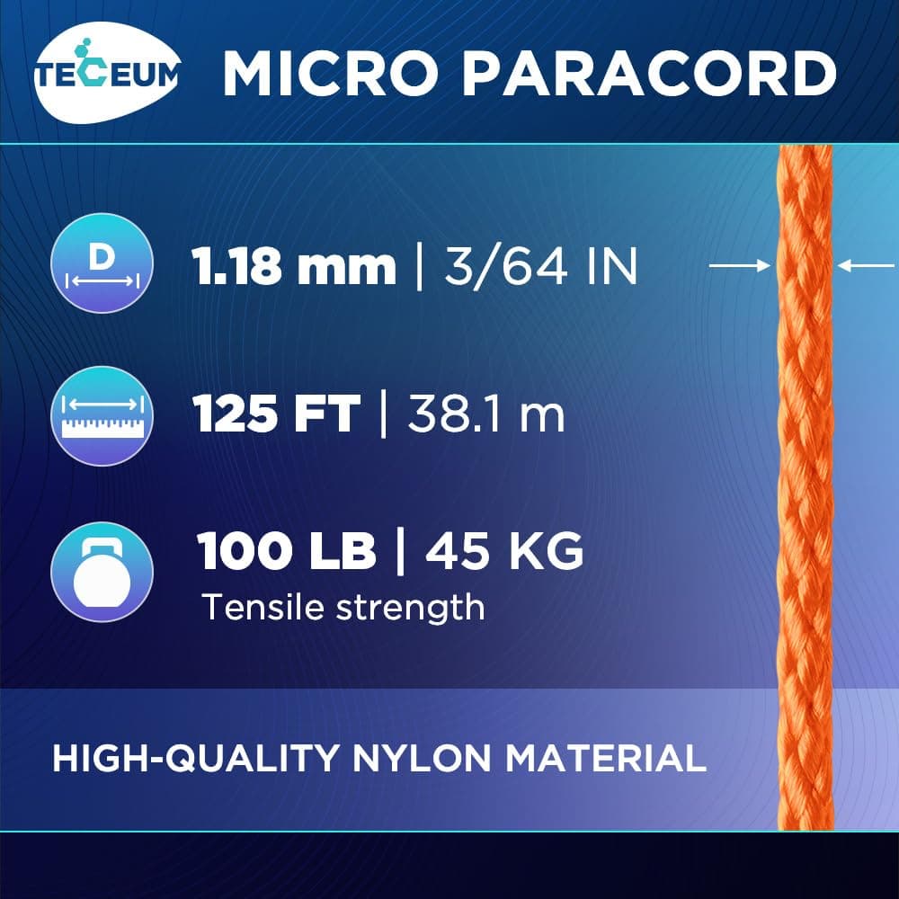 Micro Paracord: 1.18 mm de Grosor. Color: Naranja (Orange). Longitud - 38.1 m (125 ft). Resistencia a la tracción: 45.35 kg. Delgado, Ligero y Fuerte. Viene en una Bobina compacta y Conveniente — view 2