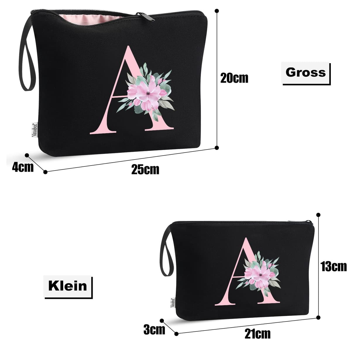 Vavabox 2 Pcs Initial Toiletry Bags Set,Birthday Gifts for Women,Travel Portable Toiletry Bag with Handle (A, Black) — view 2