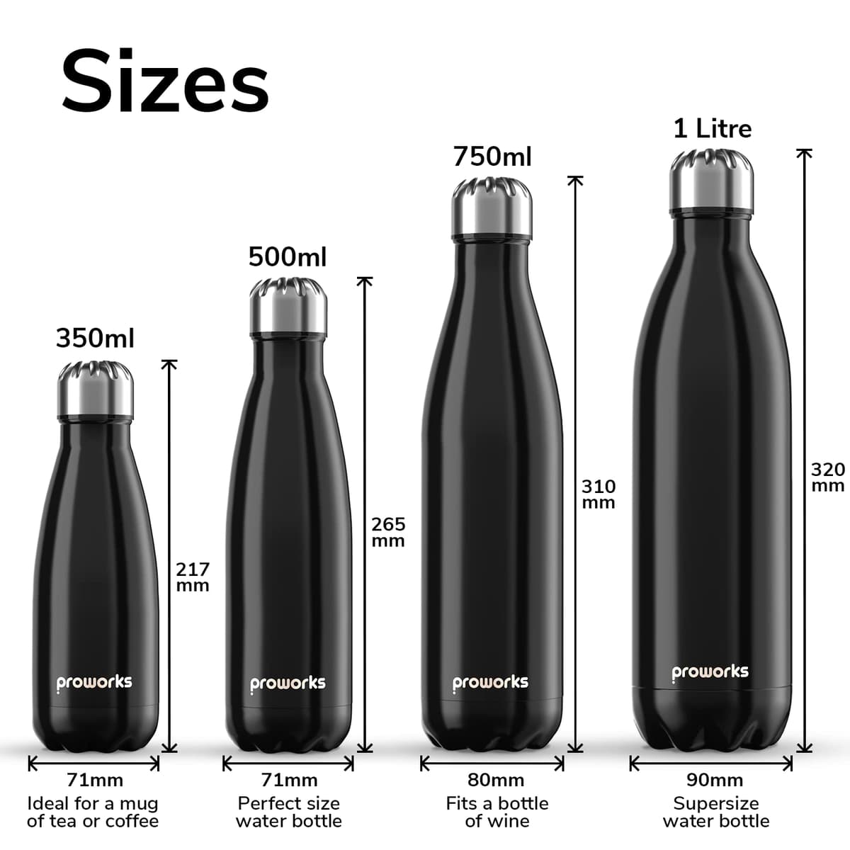 Proworks Performance Stainless Steel Sports Water Bottle | Double Insulated Vacuum Flask for 12 Hours Hot & 24 Hours Cold Drinks - Great for Home, Work, Gym & Travel - 1 Litre - BPA Free – Black — view 5