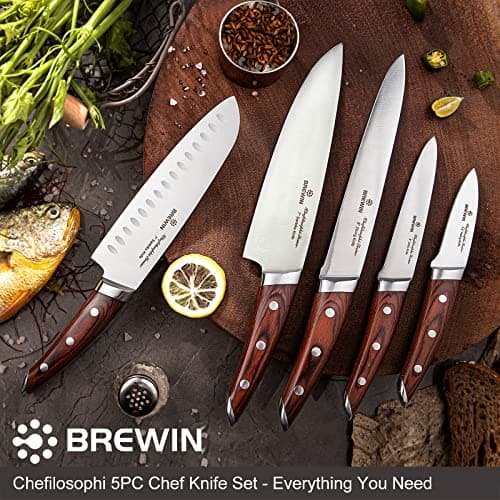 Brewin CHEFILOSOPHI Japanese Chef Knife Set 5 PCS with Elegant Red Pakkawood Handle Ergonomic Design,Professional Ultra Sharp Kitchen Knives for Cooking High Carbon Stainless Steel — view 2