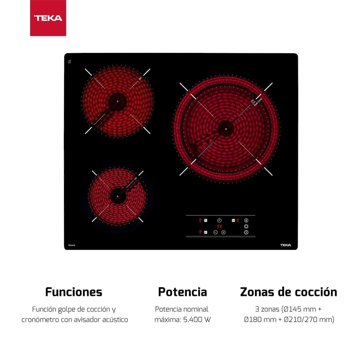 TEKA Placa Vitrocerámica 60 cm, 3 Fuegos, Touch Control, Función Stop & Go, Indicador de Calor Residual, Modelo TB 6315 — view 3