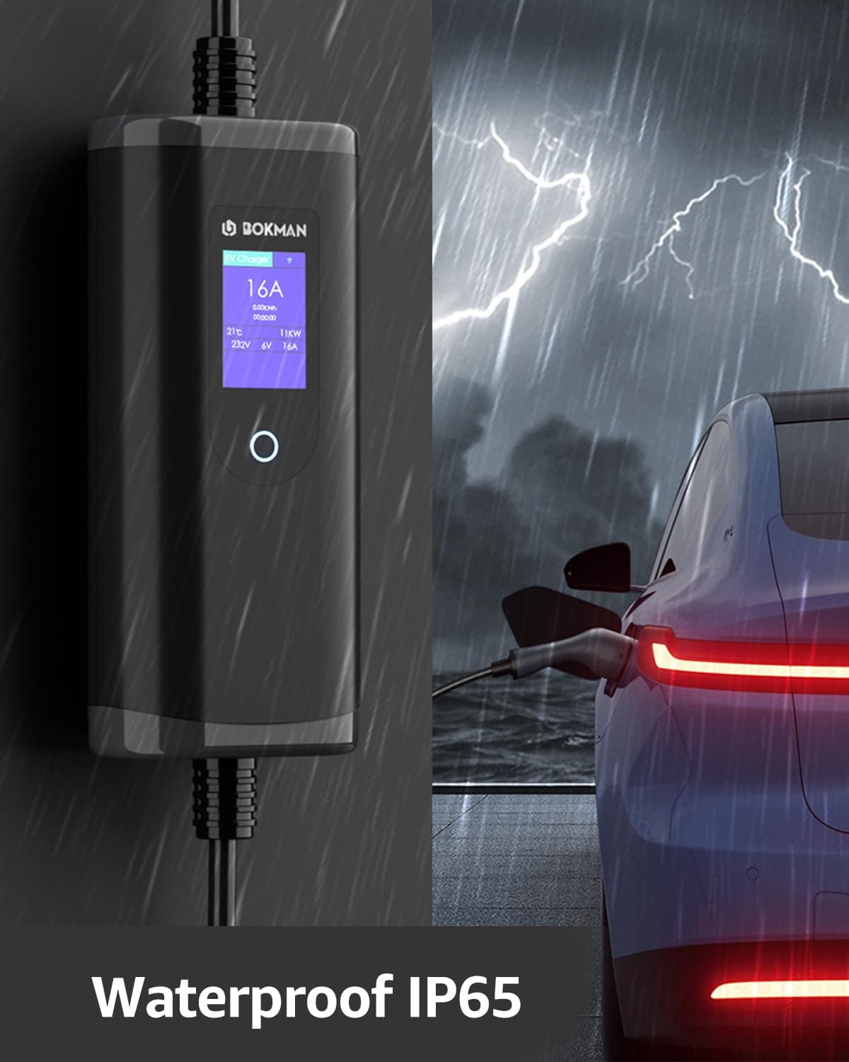 bokman EV Charger 7kW Type 2 to CEE Plug, 5M / 6-32A Adjustable Current / 1 Phase / IP65 Waterproof, Electric Car Charging Cable with LED Display and Commando Plug — view 5