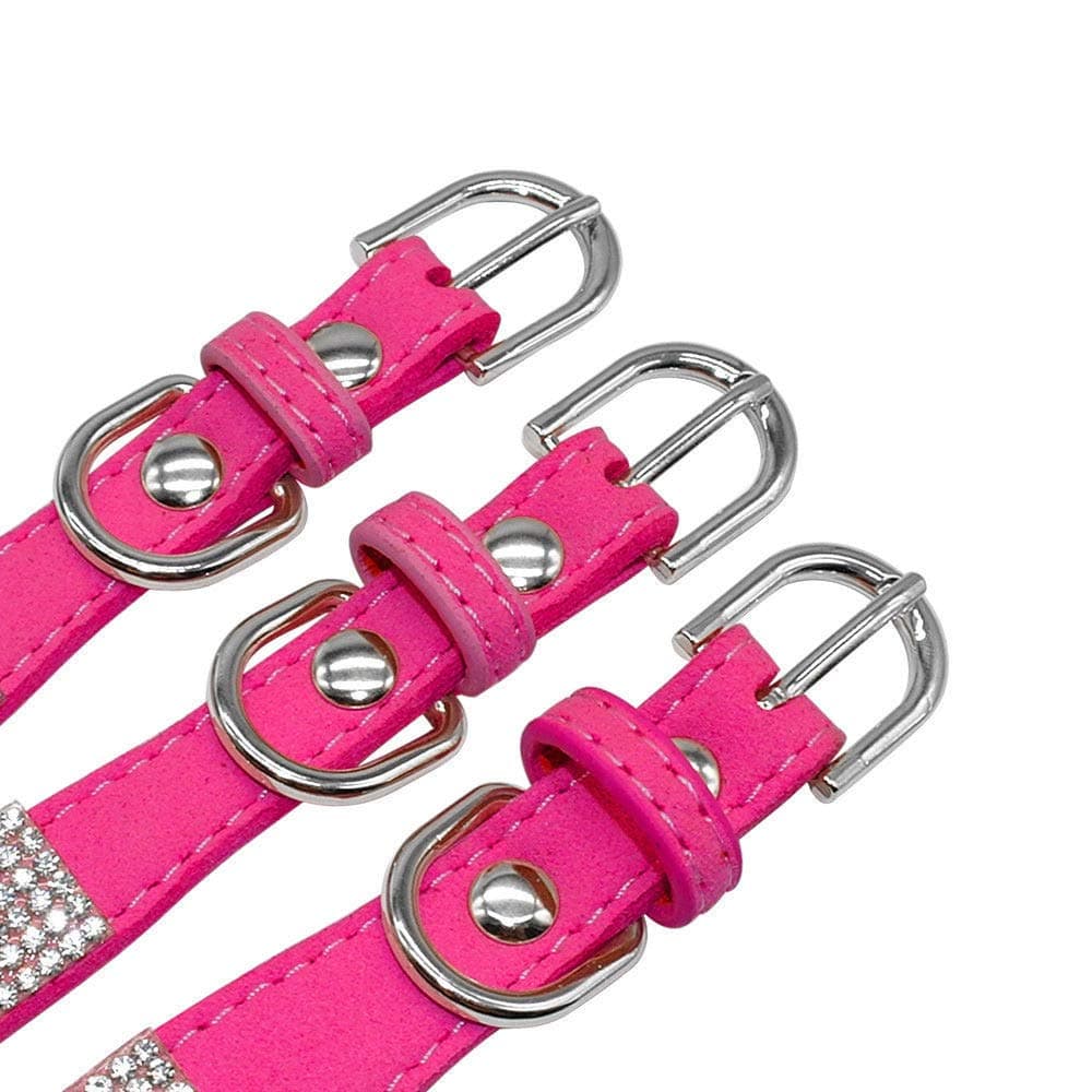 Cute Dazzling Sparkling Elegant Fancy Soft Suede Leather Bling Rhinestone Crystal Jeweled Pet Cat Dog Puppy Collar Dog Leash Combo Set (M, Hot Pink) — view 3