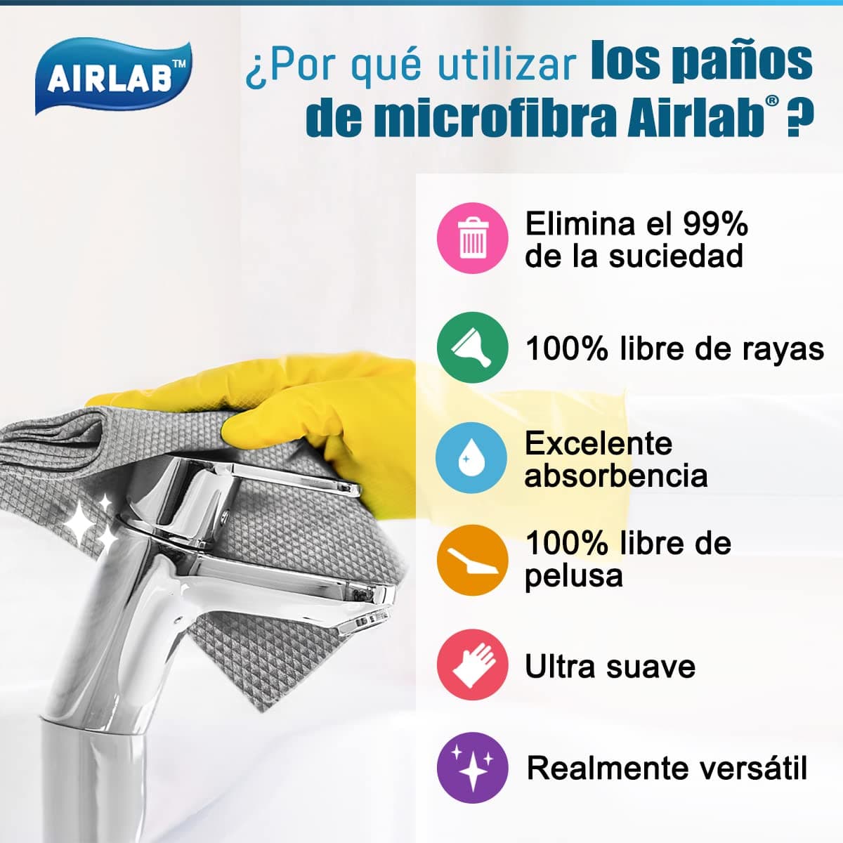 Airlab 8X Nano Paños de Limpieza Magico, Bayetas de Microfibras para Cristales sin Rayas, Trapo Balletas para Cocina Coches Automóviles Ventanas Vidrios Espejos Grifos Baño, 40 x 30 cm — view 5