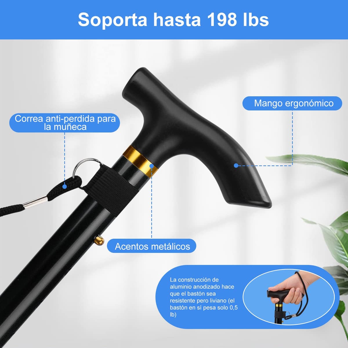 supregear Bastón Plegable, 5 Niveles de Altura Ajustable, Ligero y Portátil para Viaje, Mango en T y Pulsera, Extensible para Personas Mayores y Adultos con Discapacidad — view 4